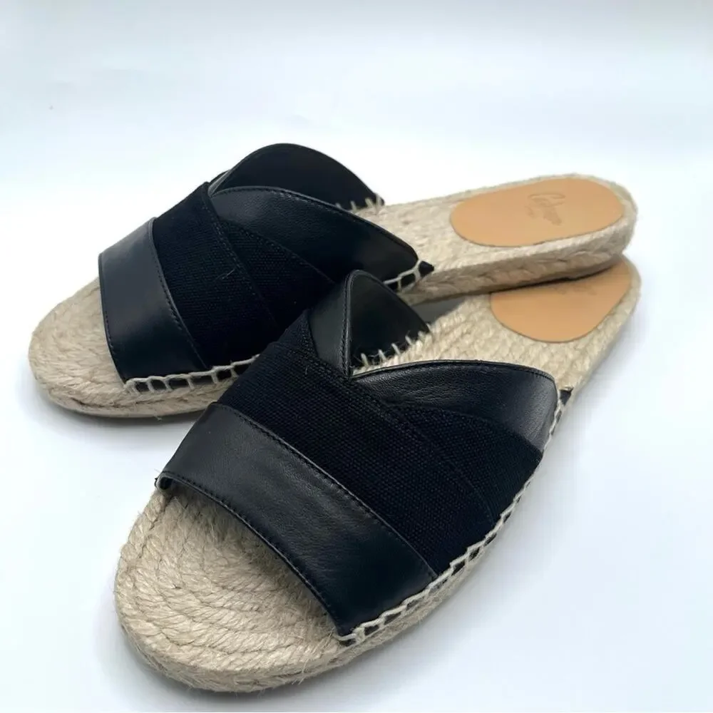 Castañer Pasi Black Leather Espadrille Slides Flat Sandals Size 5 Summer Chic